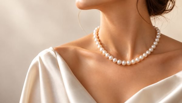 Collier en perles blanches au rendu nacré porté autour du cou