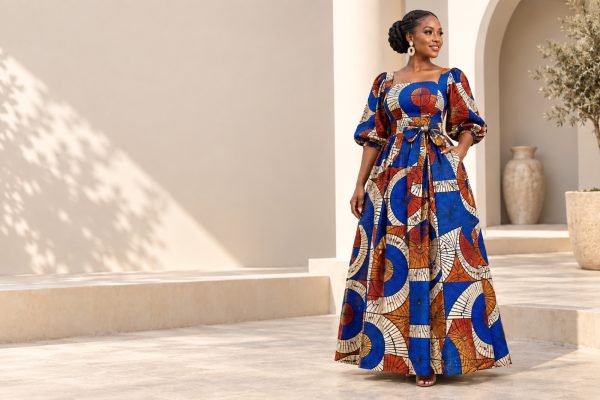 Femme portant une longue robe en wax bleue, blanche et orangée